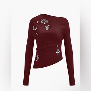 Asymmetrical Burgundy Sweater top and skirt set with Floral Embellishments
